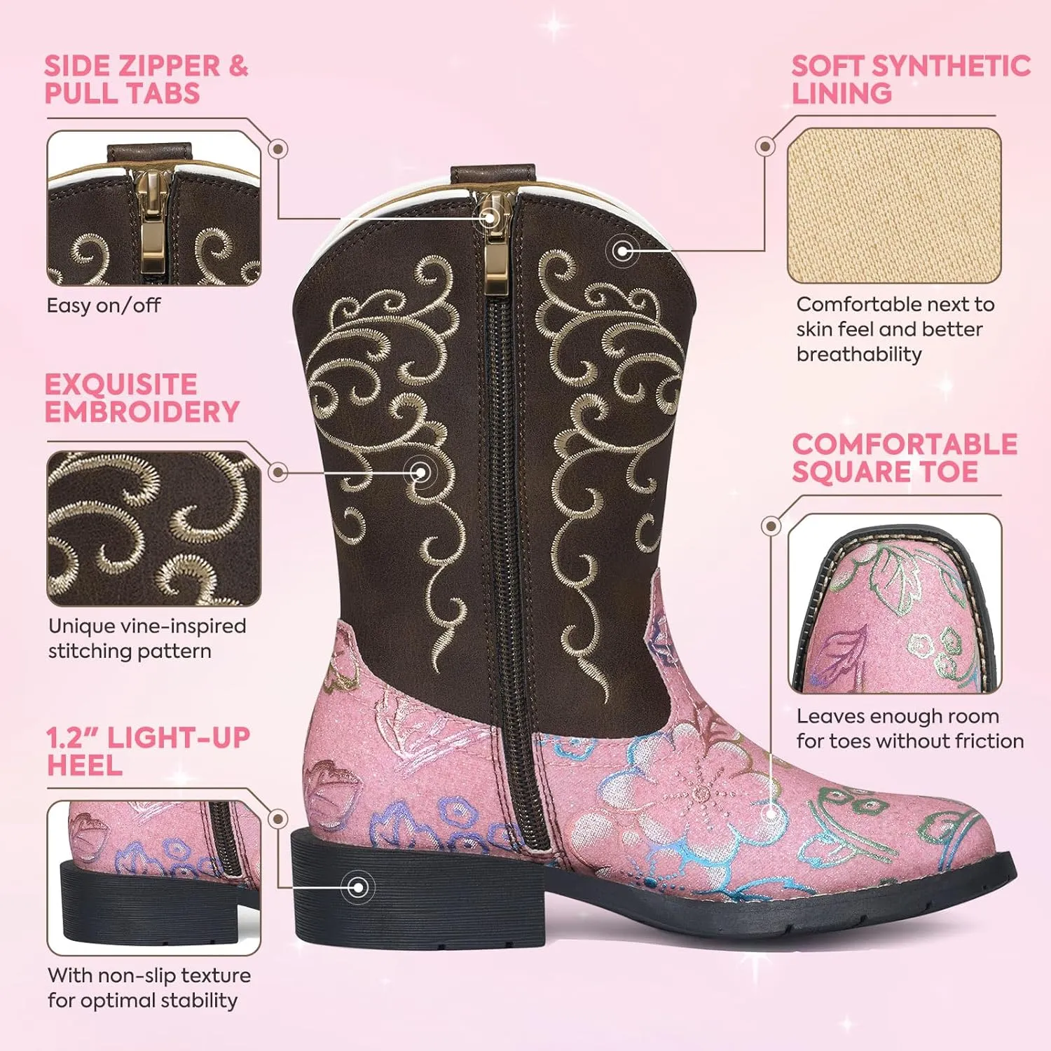 Rollda Girls Cowboy Boots Glitter Western Boots Sequin Cowgirl Boots for Girls