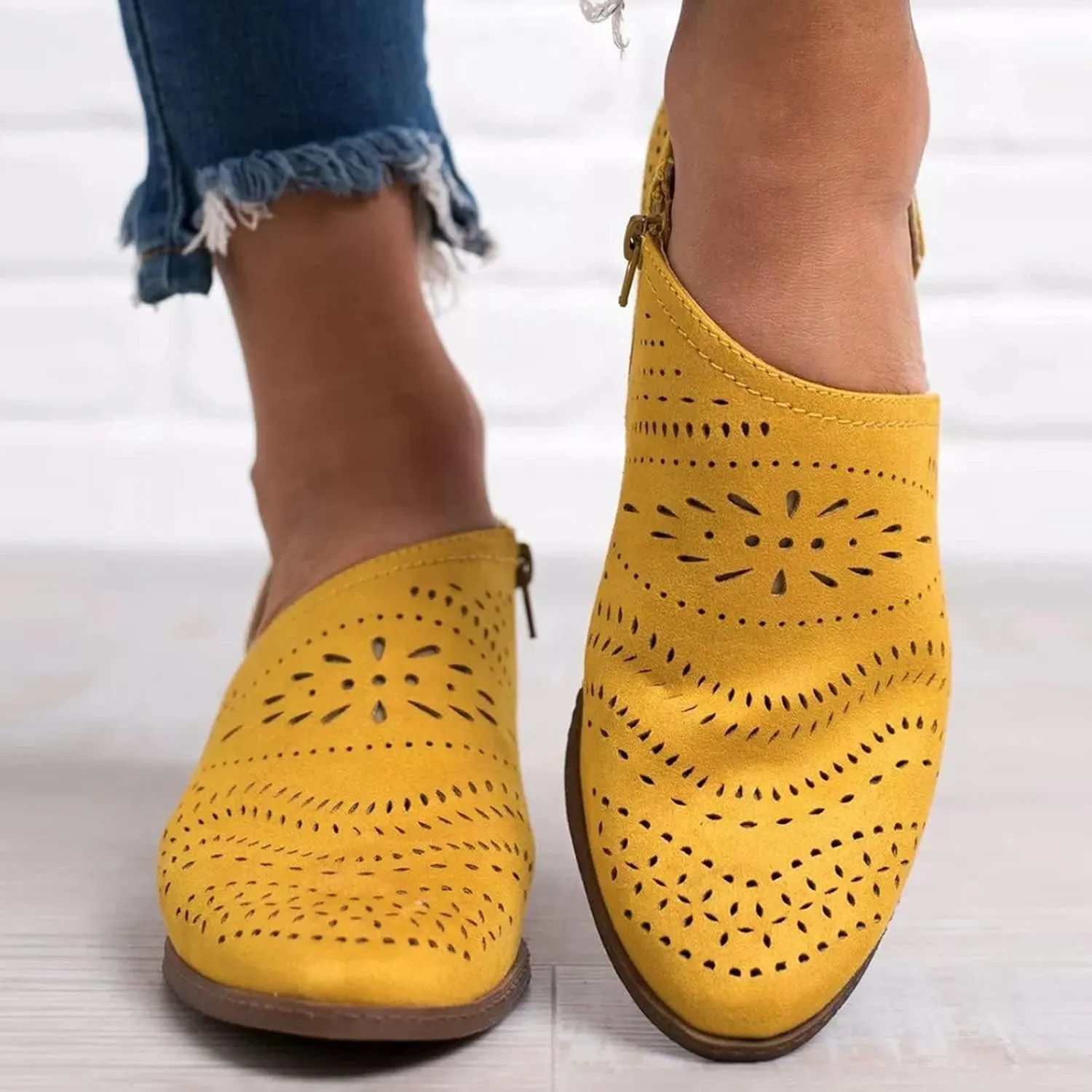 SACFOF Women's Ankle Boots Casual Cutout Booties Chunky Stacked Heel Perforated Side V Cut Western Shoes Slip-on Short Boots