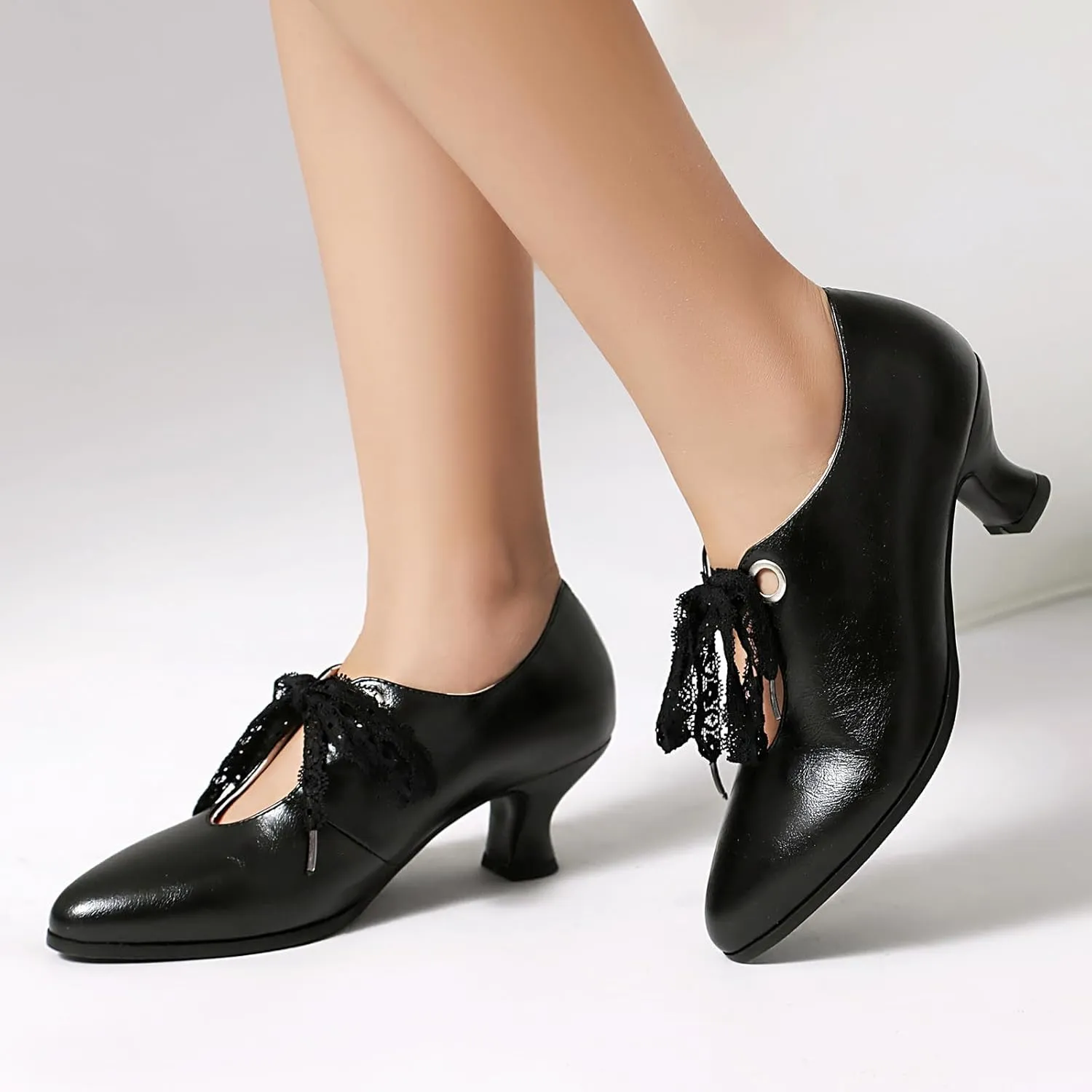 SACFOF Women's Lace Bow Heels Mary Jane Pumps Closed Toe Low Heels Ankle Strap Wedding Evening Party Dress Shoes