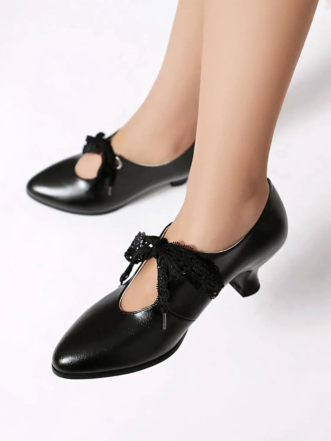 SACFOF Women's Lace Bow Heels Mary Jane Pumps Closed Toe Low Heels Ankle Strap Wedding Evening Party Dress Shoes
