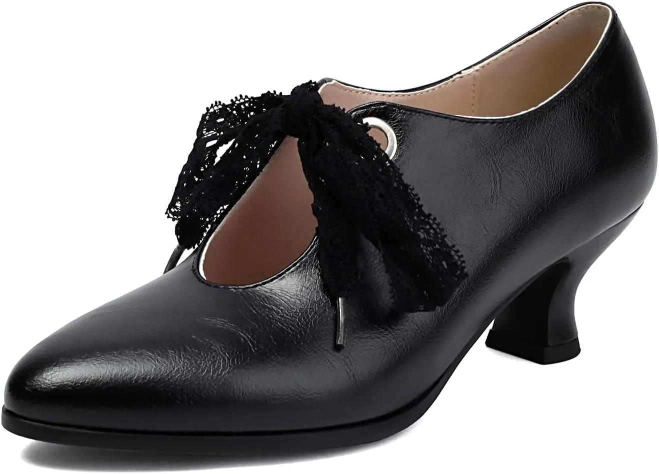 SACFOF Women's Lace Bow Heels Mary Jane Pumps Closed Toe Low Heels Ankle Strap Wedding Evening Party Dress Shoes