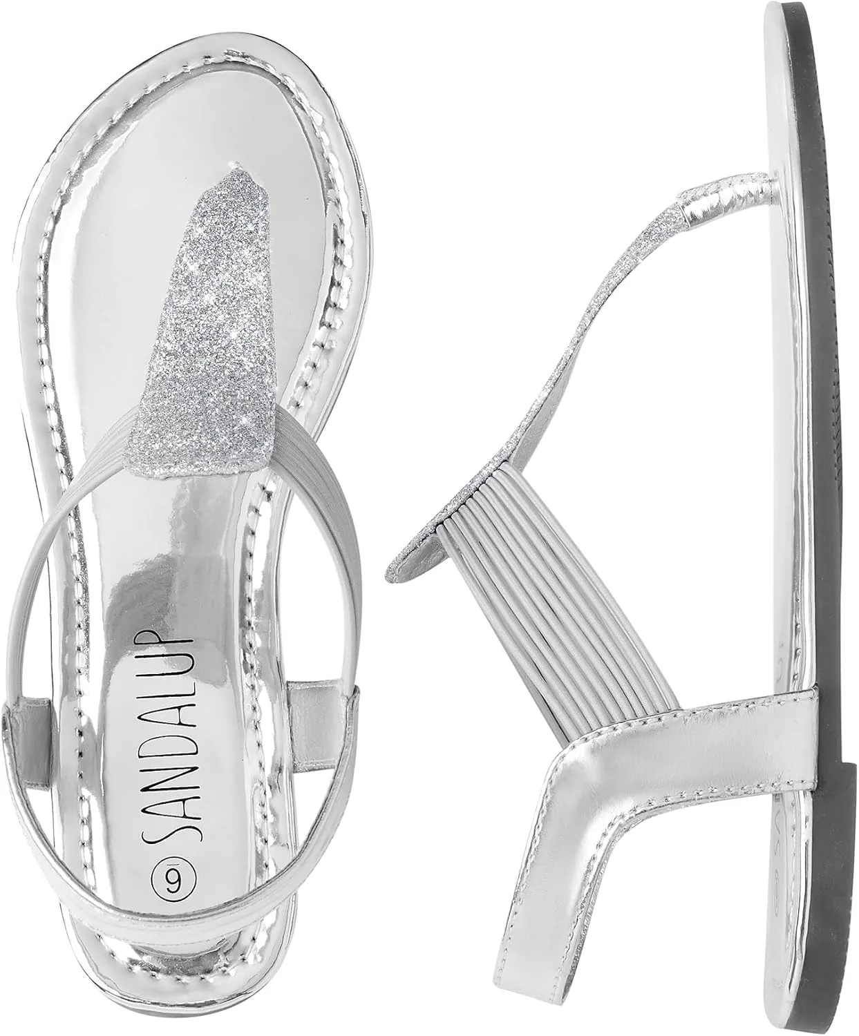 SANDALUP Women's Elastic strappy Flat Sandals w Sparkling Thong Sandals for Women - Ankle Strap Sandals for Dressy Summer - Sparkly Sandals Women for Walking