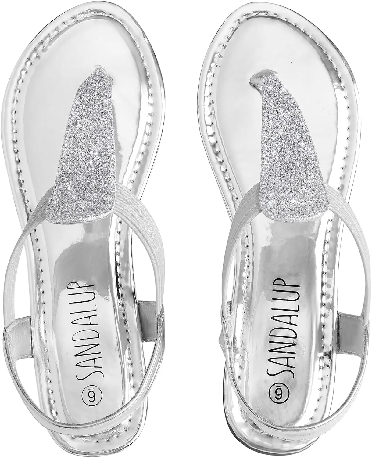 SANDALUP Women's Elastic strappy Flat Sandals w Sparkling Thong Sandals for Women - Ankle Strap Sandals for Dressy Summer - Sparkly Sandals Women for Walking