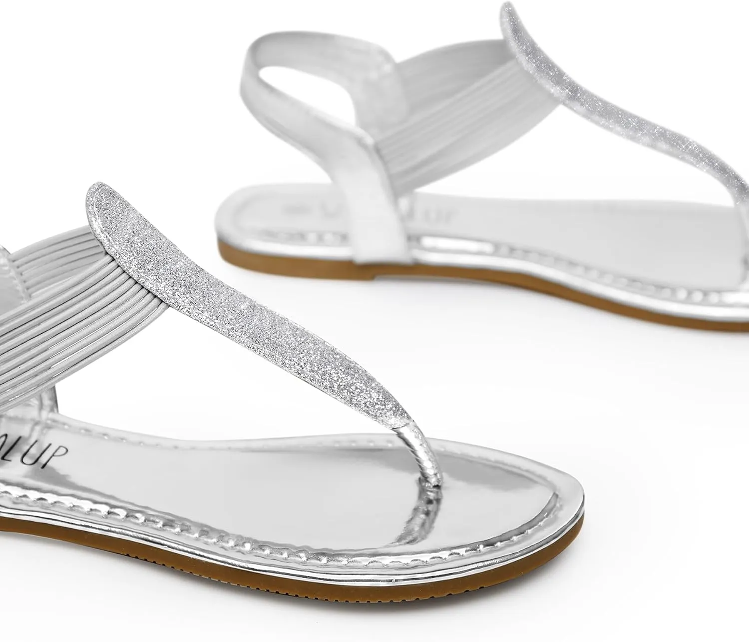 SANDALUP Women's Elastic strappy Flat Sandals w Sparkling Thong Sandals for Women - Ankle Strap Sandals for Dressy Summer - Sparkly Sandals Women for Walking