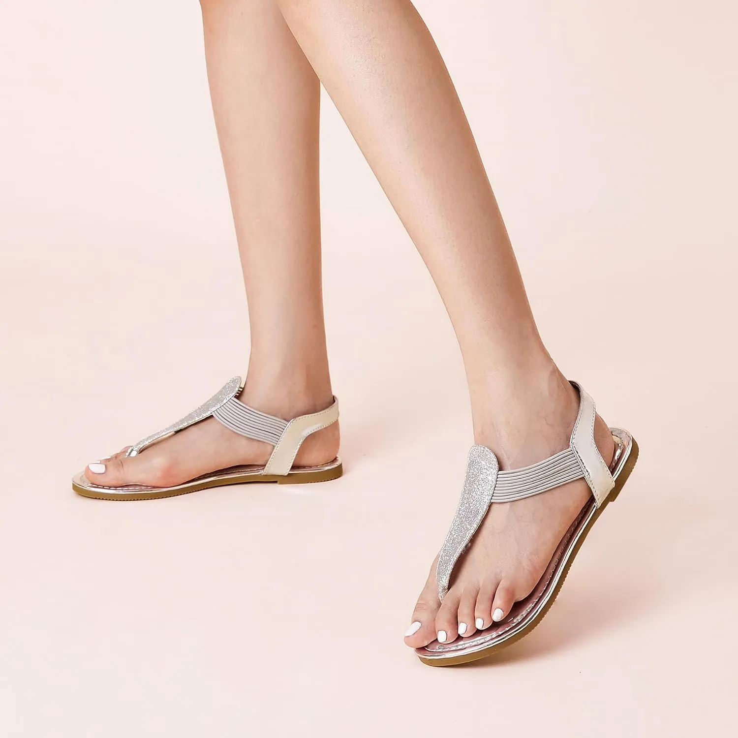 SANDALUP Women's Elastic strappy Flat Sandals w Sparkling Thong Sandals for Women - Ankle Strap Sandals for Dressy Summer - Sparkly Sandals Women for Walking