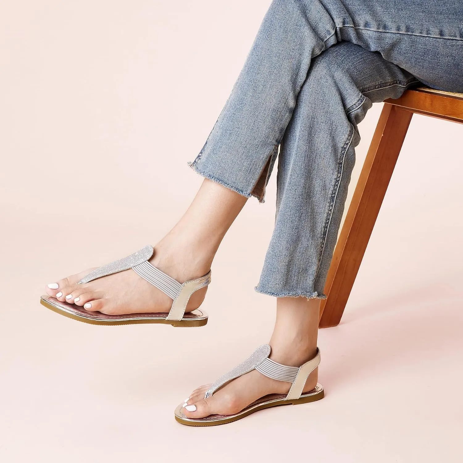 SANDALUP Women's Elastic strappy Flat Sandals w Sparkling Thong Sandals for Women - Ankle Strap Sandals for Dressy Summer - Sparkly Sandals Women for Walking