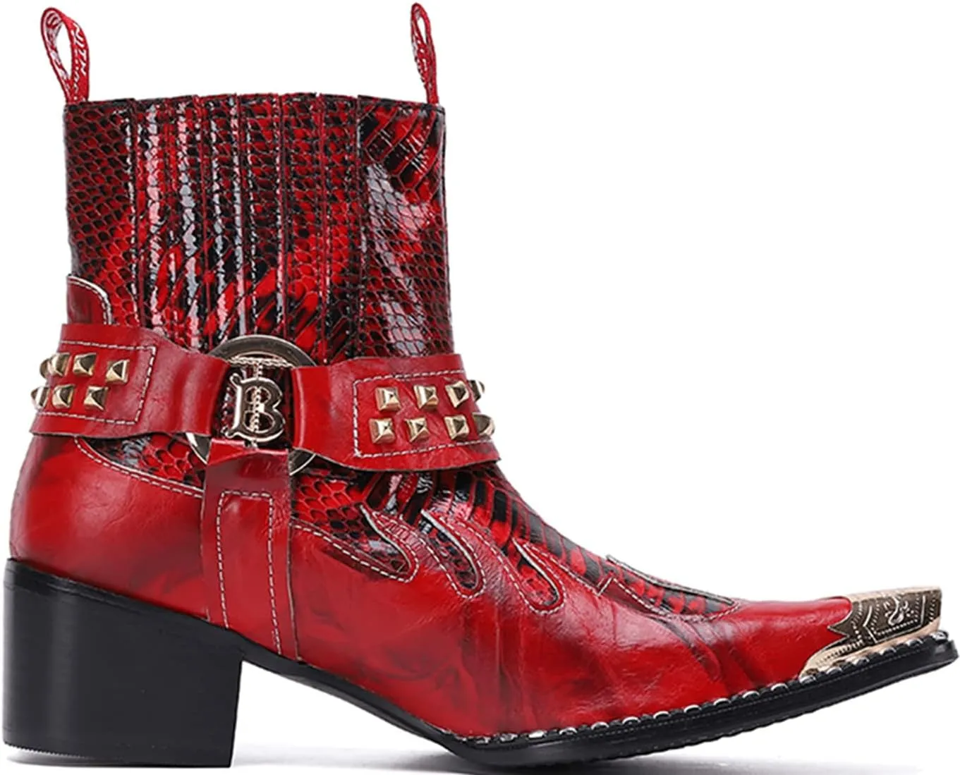 Santimon Men's Genuine Leather Chelsea Boots | Wingtip Toe & Snakeskin Texture Mid-Calf Western Cowboy Boots | Dress & Casual Shoes for Party Nightclub Rock Concerts (Singer, Stage)