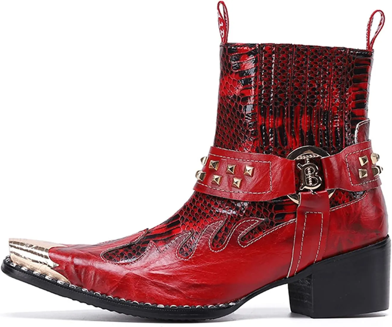 Santimon Men's Genuine Leather Chelsea Boots | Wingtip Toe & Snakeskin Texture Mid-Calf Western Cowboy Boots | Dress & Casual Shoes for Party Nightclub Rock Concerts (Singer, Stage)