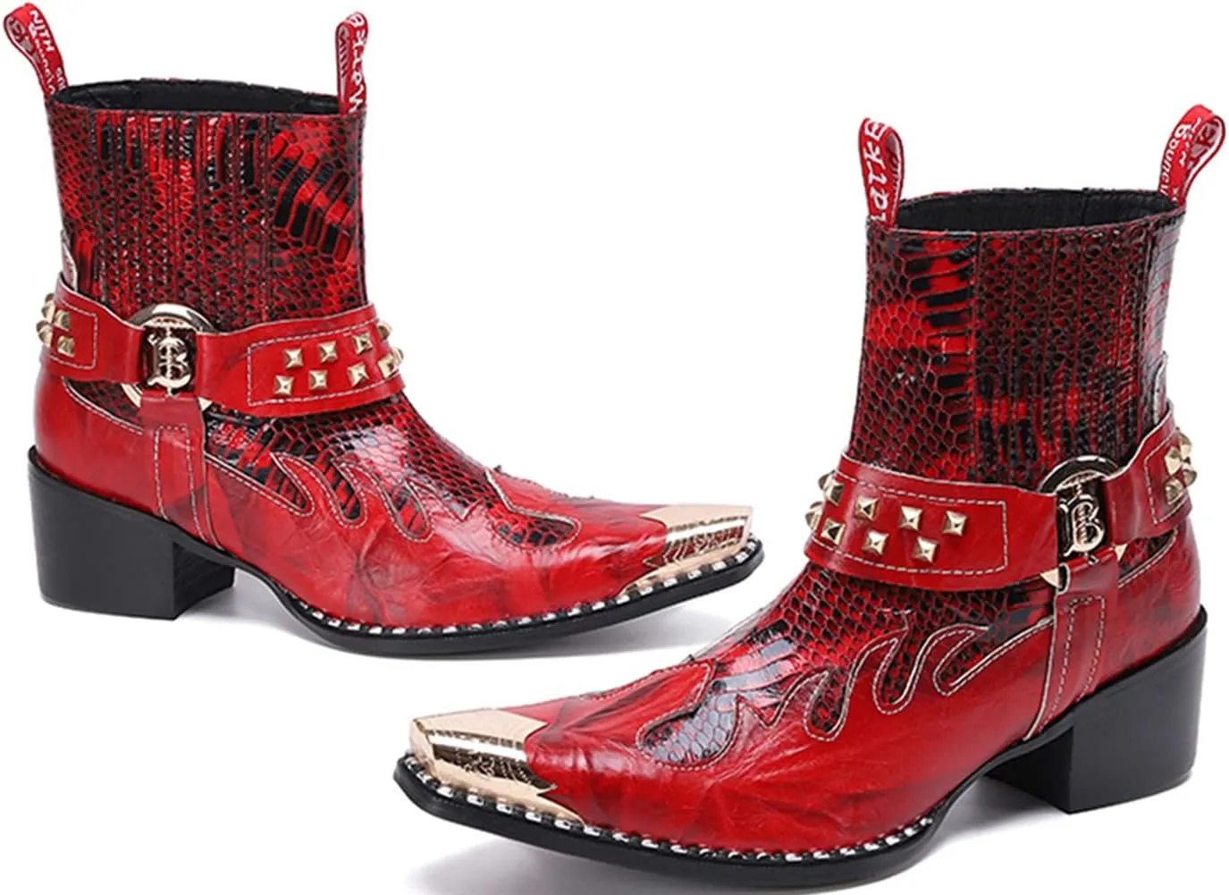 Santimon Men's Genuine Leather Chelsea Boots | Wingtip Toe & Snakeskin Texture Mid-Calf Western Cowboy Boots | Dress & Casual Shoes for Party Nightclub Rock Concerts (Singer, Stage)