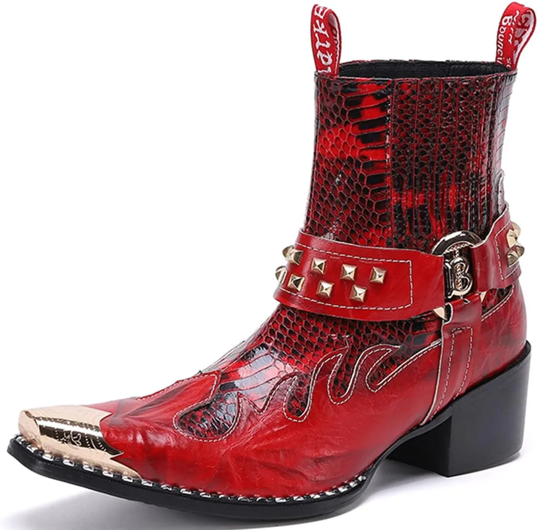 Santimon Men's Genuine Leather Chelsea Boots | Wingtip Toe & Snakeskin Texture Mid-Calf Western Cowboy Boots | Dress & Casual Shoes for Party Nightclub Rock Concerts (Singer, Stage)