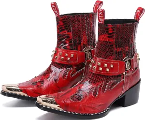 Santimon Men's Genuine Leather Chelsea Boots | Wingtip Toe & Snakeskin Texture Mid-Calf Western Cowboy Boots | Dress & Casual Shoes for Party Nightclub Rock Concerts (Singer, Stage)