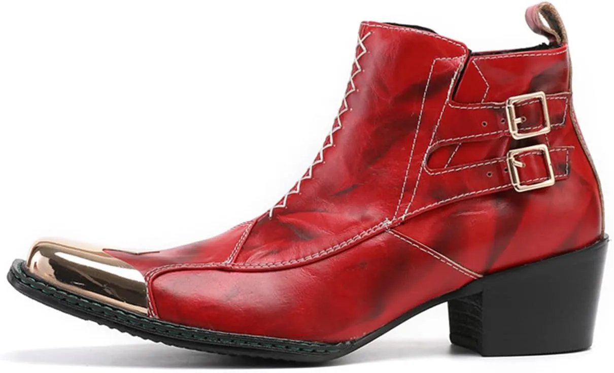 Santimon Mens Western Chelsea Boots Genuine Leather Casual Square Toe Metal Tip Zipper Dress Ankle Boot