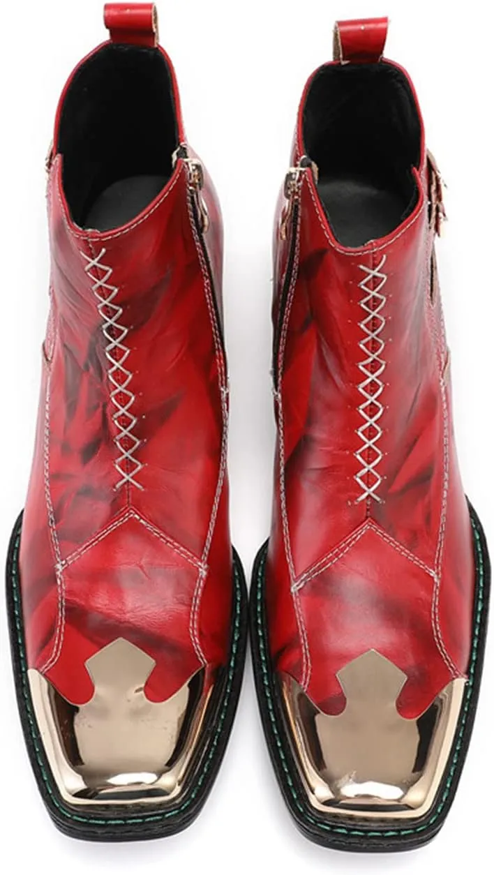 Santimon Mens Western Chelsea Boots Genuine Leather Casual Square Toe Metal Tip Zipper Dress Ankle Boot
