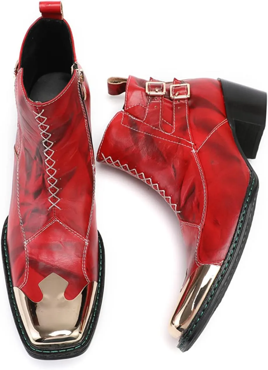 Santimon Mens Western Chelsea Boots Genuine Leather Casual Square Toe Metal Tip Zipper Dress Ankle Boot
