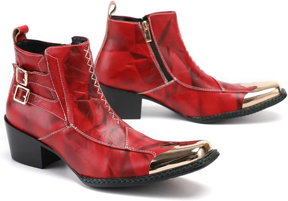 Santimon Mens Western Chelsea Boots Genuine Leather Casual Square Toe Metal Tip Zipper Dress Ankle Boot
