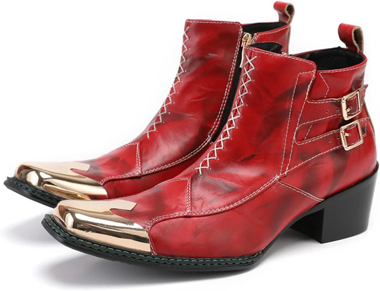 Santimon Mens Western Chelsea Boots Genuine Leather Casual Square Toe Metal Tip Zipper Dress Ankle Boot