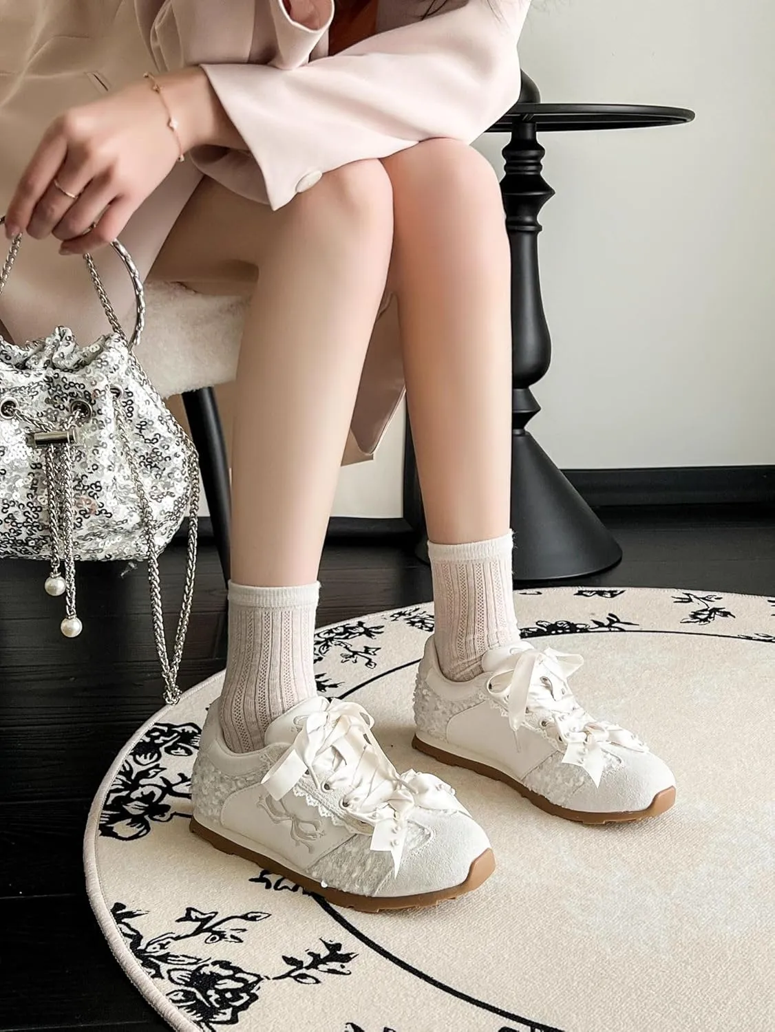 Satin Ribbon Bow Sneakers for Women & Girls - Pearl & Chunky Platform Ballet Cute Shoes for Back-to-School, Beach Travel & Hiking, Retro Y2K Kawaii Streetwear, Comfy Everyday Minimalist