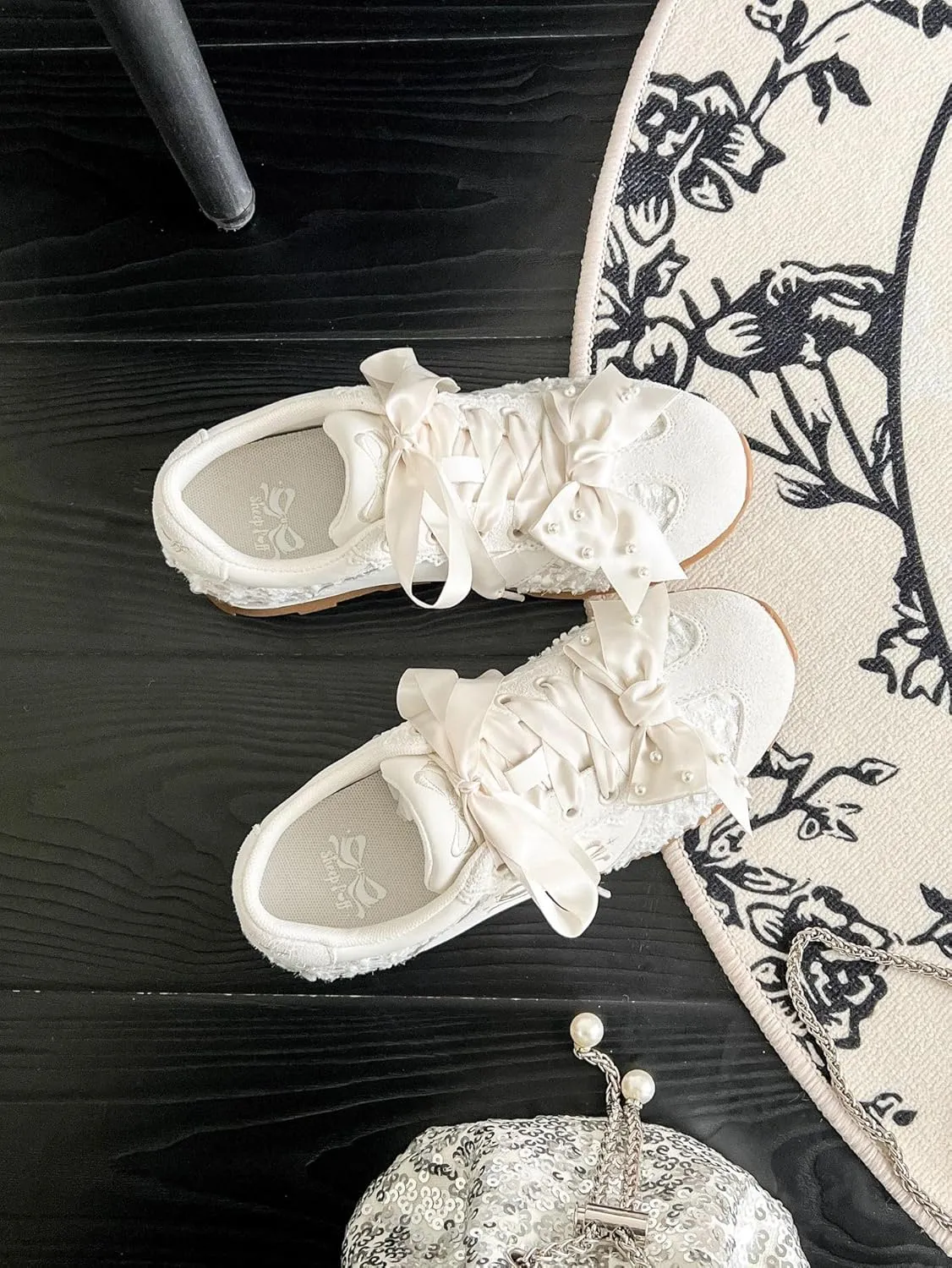 Satin Ribbon Bow Sneakers for Women & Girls - Pearl & Chunky Platform Ballet Cute Shoes for Back-to-School, Beach Travel & Hiking, Retro Y2K Kawaii Streetwear, Comfy Everyday Minimalist