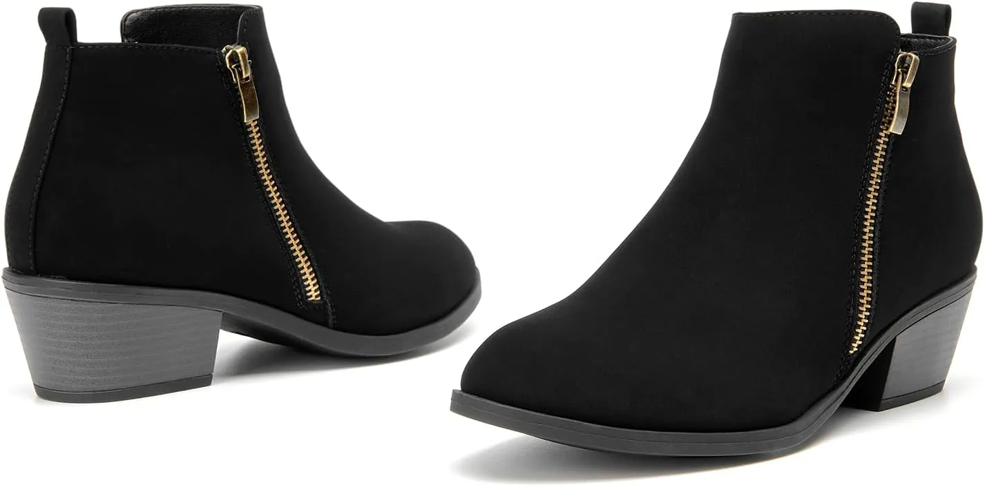 SelenePair Women's Classic Stacked Heel Ankle Boots Fashion Round Toe Suede Booties Ladies Side Zip Shoes