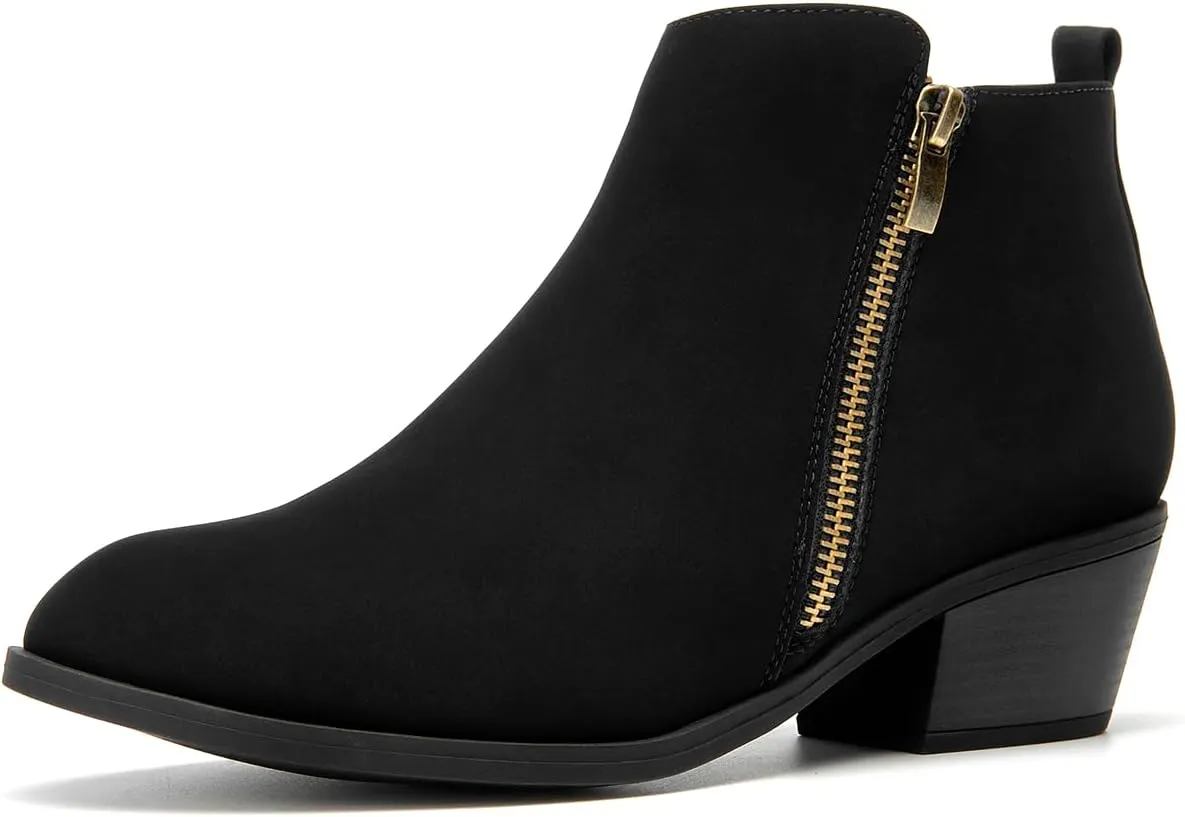 SelenePair Women's Classic Stacked Heel Ankle Boots Fashion Round Toe Suede Booties Ladies Side Zip Shoes