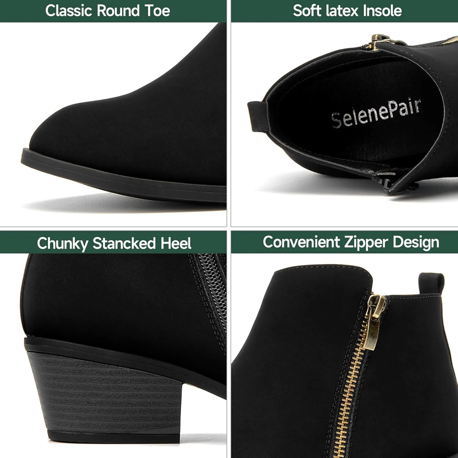 SelenePair Women's Classic Stacked Heel Ankle Boots Fashion Round Toe Suede Booties Ladies Side Zip Shoes