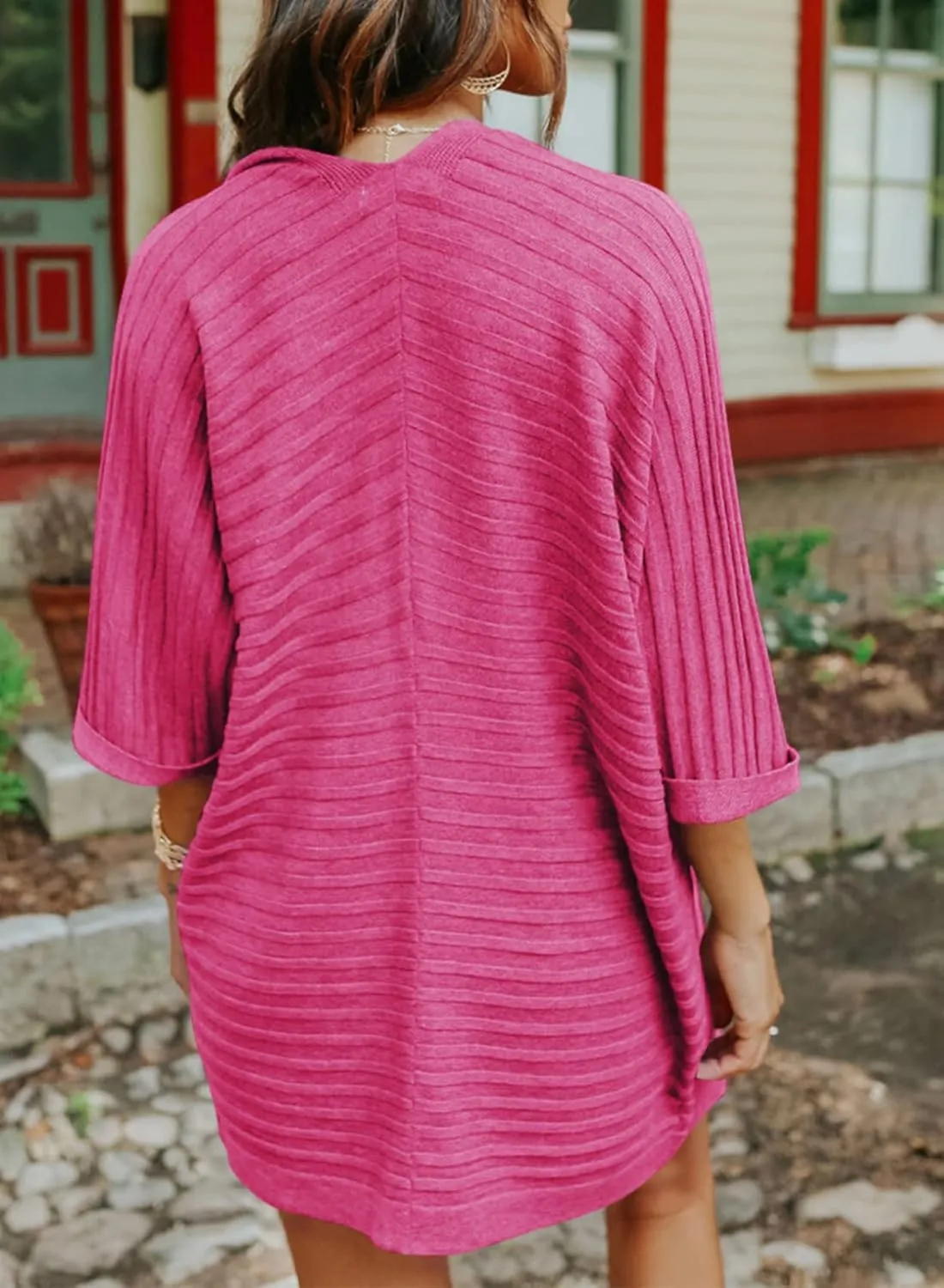 SHEWIN Women's Casual 3/4 Short Sleeve Open Front Lightweight Cable Knit Kimono Cardigan Sweaters