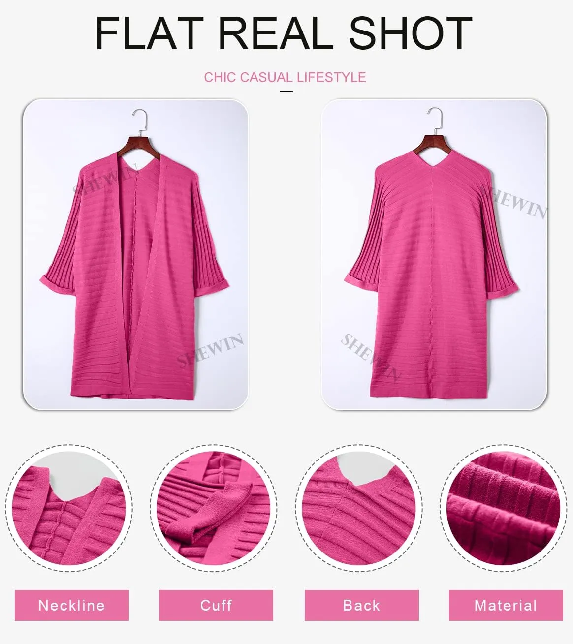 SHEWIN Women's Casual 3/4 Short Sleeve Open Front Lightweight Cable Knit Kimono Cardigan Sweaters