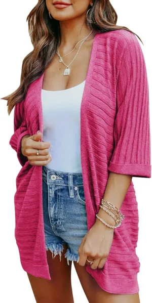 SHEWIN Women's Casual 3/4 Short Sleeve Open Front Lightweight Cable Knit Kimono Cardigan Sweaters