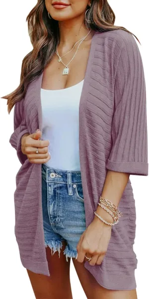 SHEWIN Women's Casual 3/4 Short Sleeve Open Front Lightweight Cable Knit Kimono Cardigan Sweaters
