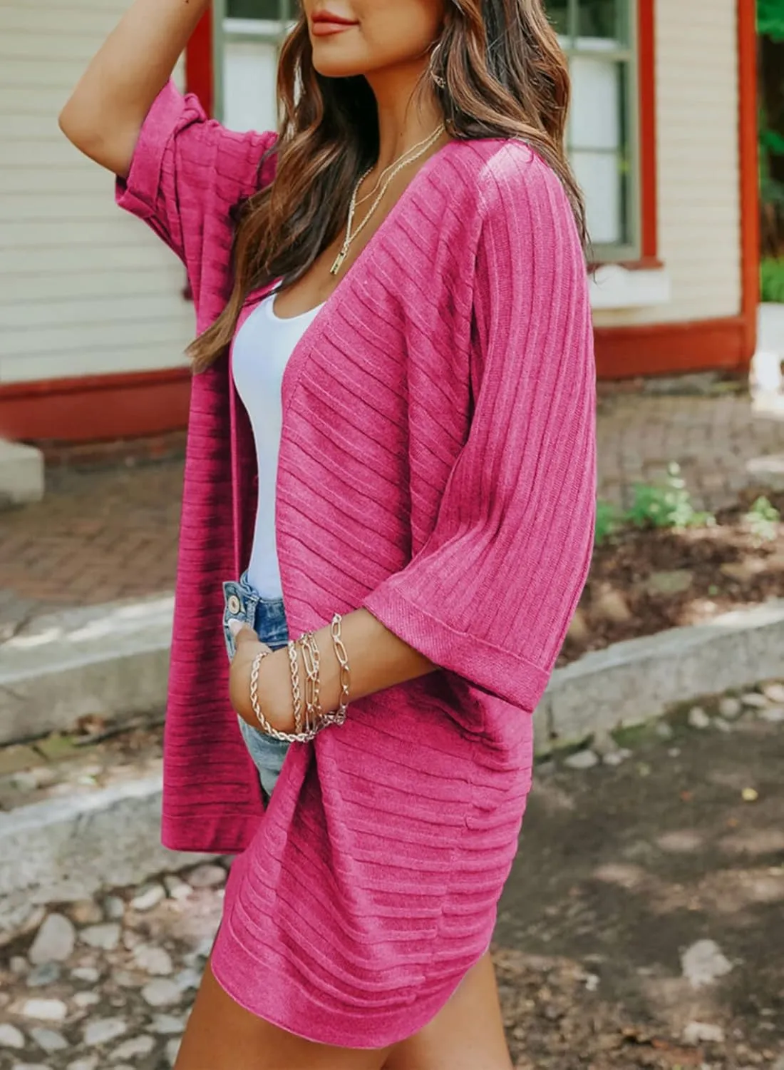 SHEWIN Women's Casual 3/4 Short Sleeve Open Front Lightweight Cable Knit Kimono Cardigan Sweaters