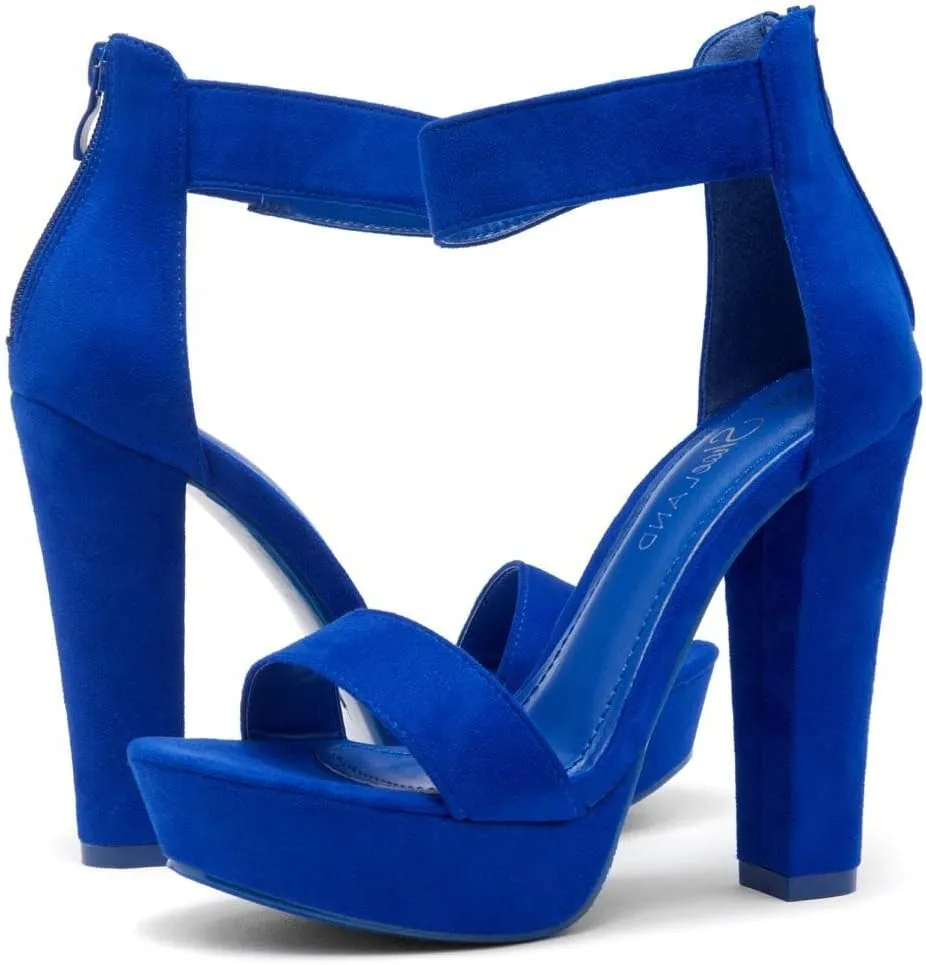Shoe Land SL-Cutesy Women's Platform Heels Chunky Block High Heeled Sandals Open Toe Ankle Strappy High Heels Black Red Chunky Platform Heels for Prom Wedding Party