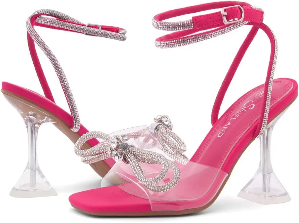 Shoe Land SL-NAOMI Women's Double Bowknots Crystal Sandals, Clear Slingback Heels with Square Open Toe – Dressy Rhinestone High Heels for Party Wedding and Prom