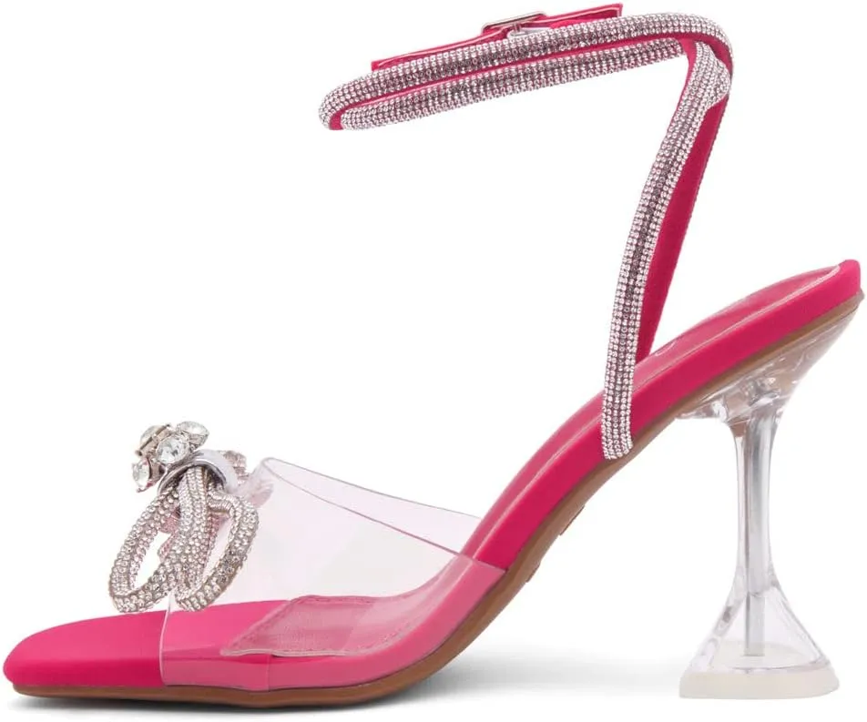 Shoe Land SL-NAOMI Women's Double Bowknots Crystal Sandals, Clear Slingback Heels with Square Open Toe – Dressy Rhinestone High Heels for Party Wedding and Prom