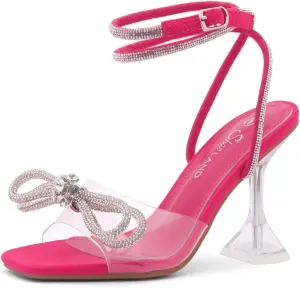 Shoe Land SL-NAOMI Women's Double Bowknots Crystal Sandals, Clear Slingback Heels with Square Open Toe – Dressy Rhinestone High Heels for Party Wedding and Prom