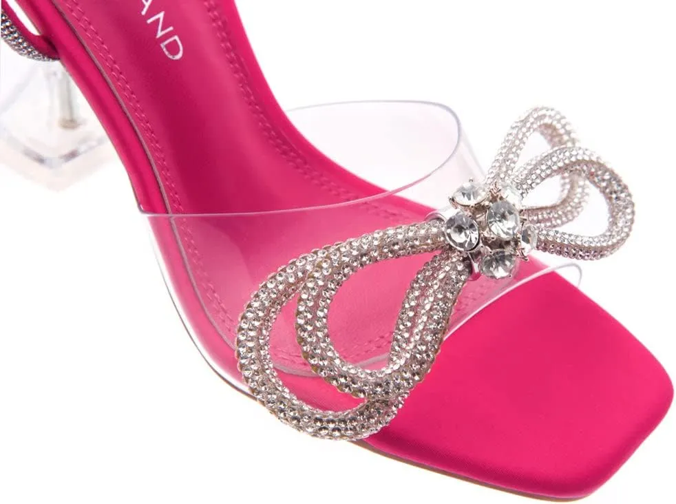 Shoe Land SL-NAOMI Women's Double Bowknots Crystal Sandals, Clear Slingback Heels with Square Open Toe – Dressy Rhinestone High Heels for Party Wedding and Prom