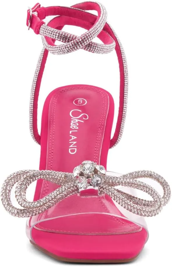 Shoe Land SL-NAOMI Women's Double Bowknots Crystal Sandals, Clear Slingback Heels with Square Open Toe – Dressy Rhinestone High Heels for Party Wedding and Prom