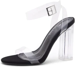 Shoe Land Womens SL-Cllaary Clear Heels Open Toe Ankle Strap Chunky Block Heeled Sandals Dress Pump Wedding Party Shoes