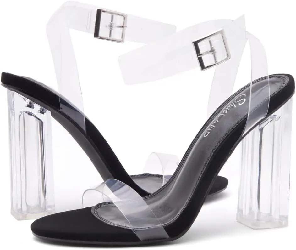 Shoe Land Womens SL-Cllaary Clear Heels Open Toe Ankle Strap Chunky Block Heeled Sandals Dress Pump Wedding Party Shoes