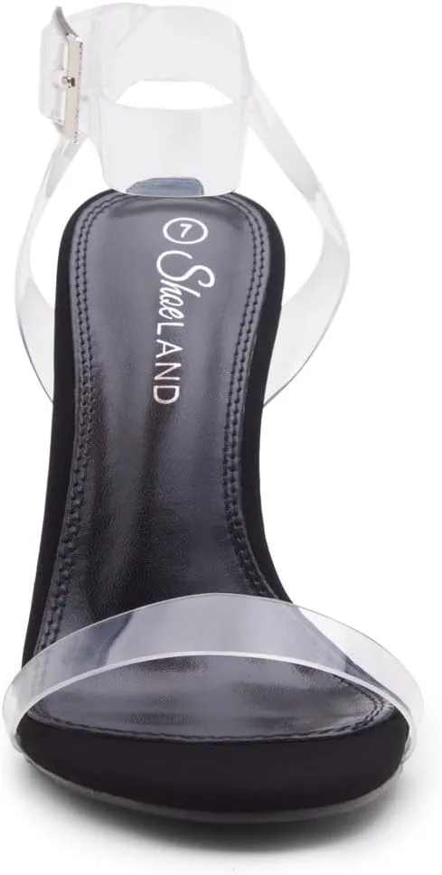 Shoe Land Womens SL-Cllaary Clear Heels Open Toe Ankle Strap Chunky Block Heeled Sandals Dress Pump Wedding Party Shoes