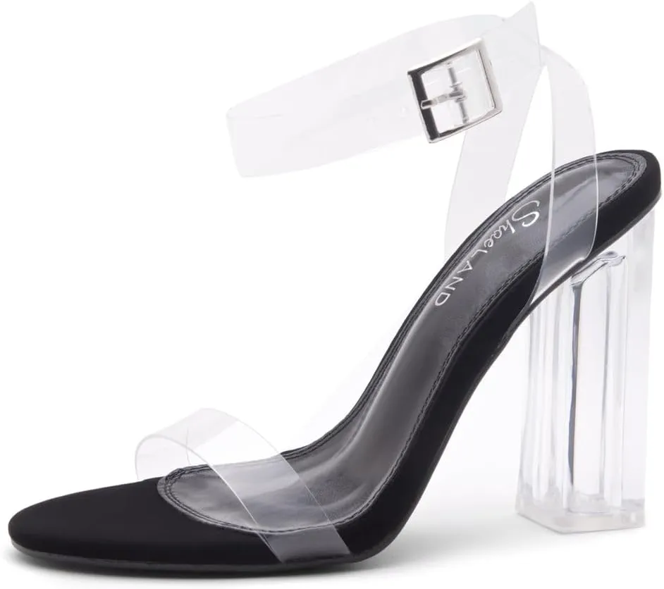 Shoe Land Womens SL-Cllaary Clear Heels Open Toe Ankle Strap Chunky Block Heeled Sandals Dress Pump Wedding Party Shoes