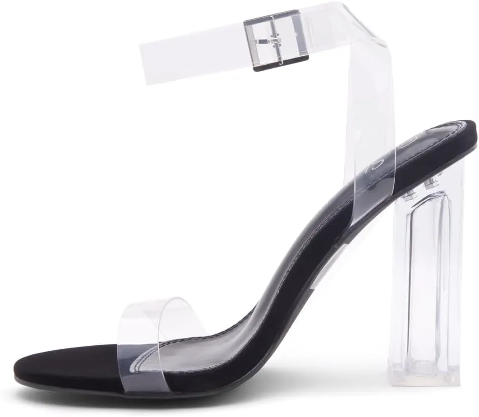 Shoe Land Womens SL-Cllaary Clear Heels Open Toe Ankle Strap Chunky Block Heeled Sandals Dress Pump Wedding Party Shoes