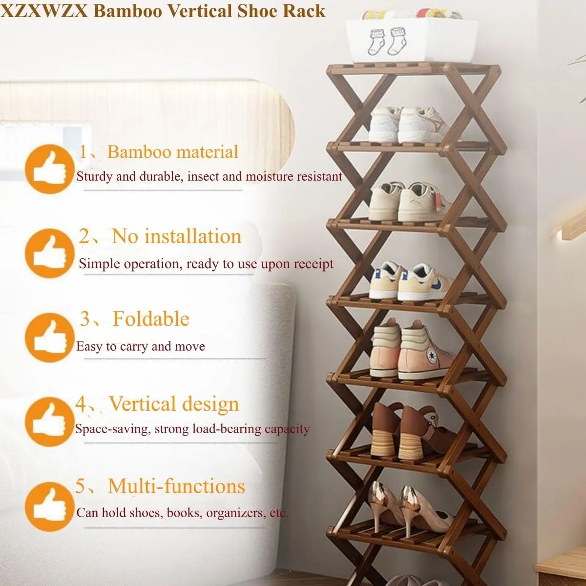 Shoe Rack, Bamboo Foldable Shoes Organizer Free Standing Shelf for Entryway, Closet, Bedroom, Hallway, | Natural | Functional | Multifunctional Shoe Rack (Wood Color) 5 Layers