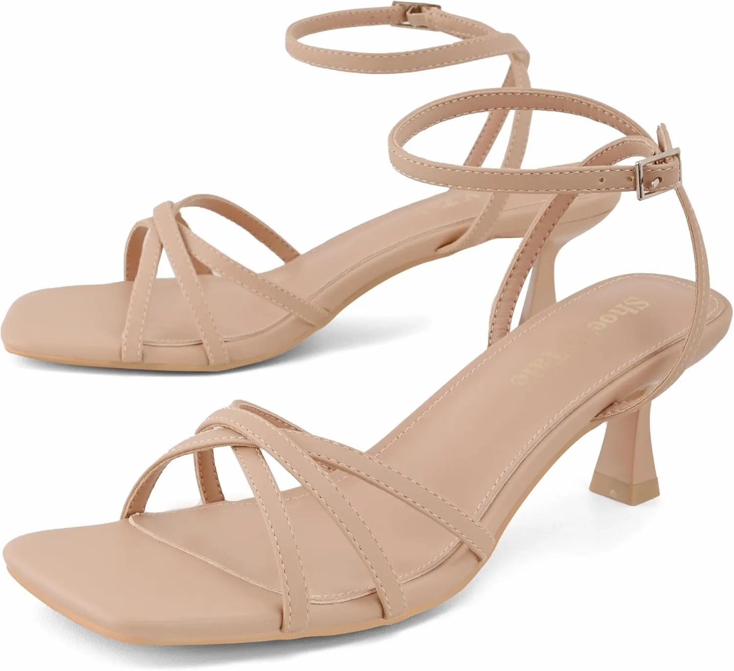 Shoe’N Tale Womens Kitten Heels Heeled Strappy Sandals Square Open Toe Stilettos Adjustable Ankle Strap Dress Party Wedding Fashion Shoes