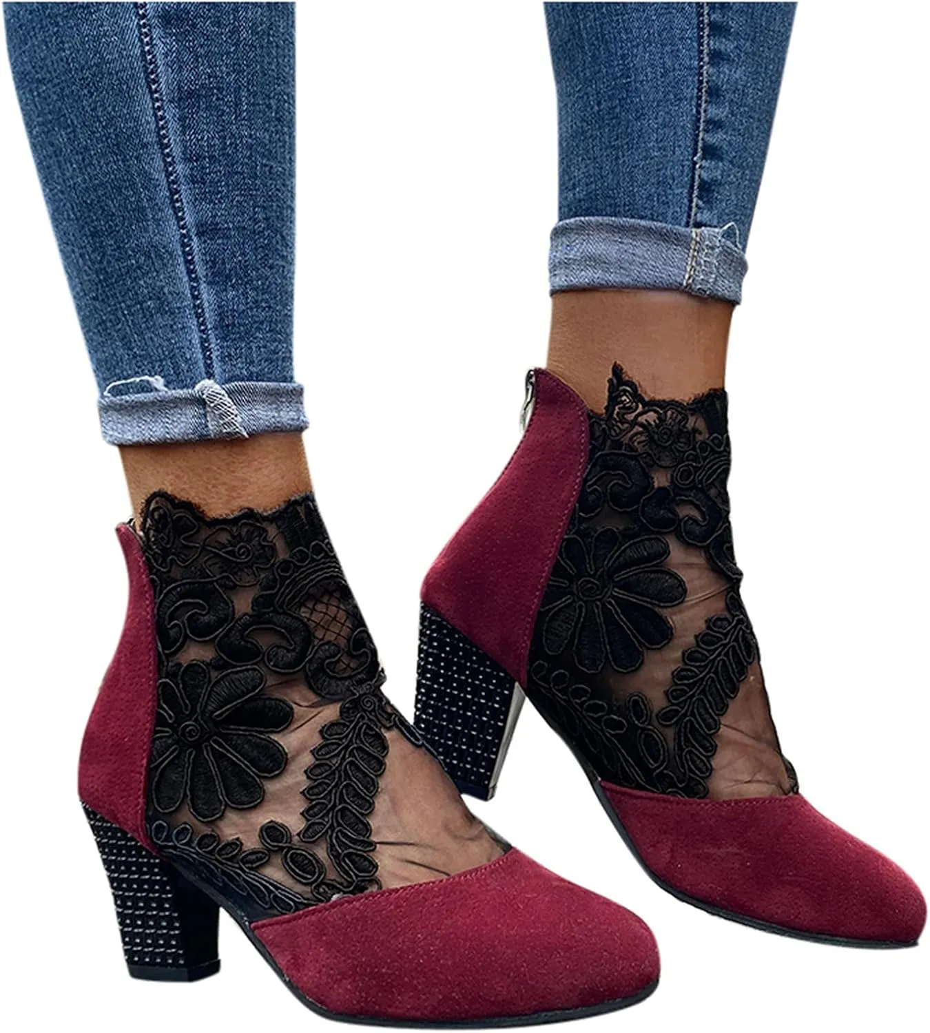 Shoes for Women Dressy, Sandals Women Sexy Hollow Floral Lace Chunky High Heels Platform Boots Casual Boots