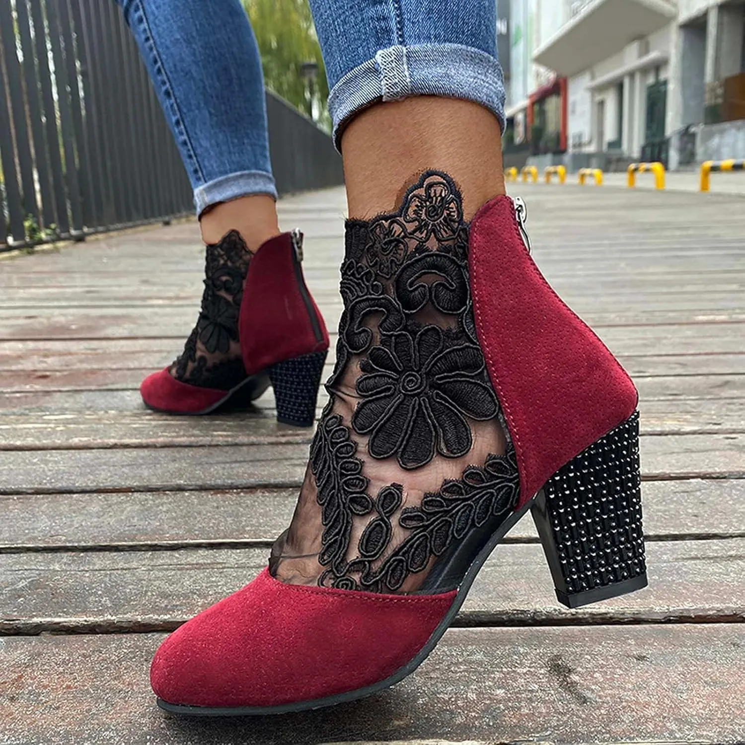 Shoes for Women Dressy, Sandals Women Sexy Hollow Floral Lace Chunky High Heels Platform Boots Casual Boots