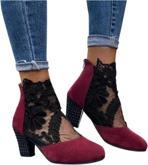 Shoes for Women Dressy, Sandals Women Sexy Hollow Floral Lace Chunky High Heels Platform Boots Casual Boots