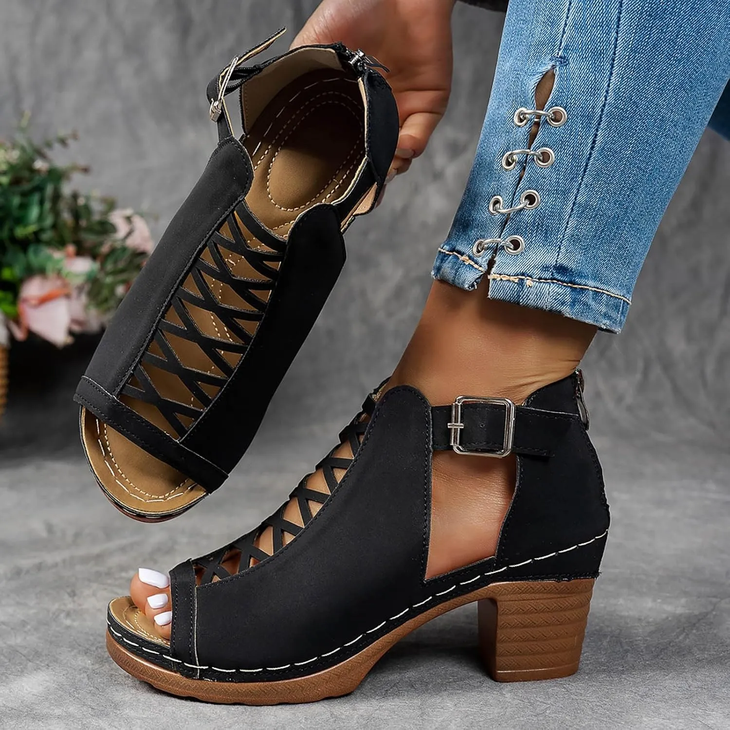 Shoes for Women Dressy, Womens Sandals Suede Peep Toe Ankle Booties Cut Out Stacked Block Heel Ankle Boots