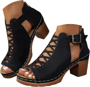 Shoes for Women Dressy, Womens Sandals Suede Peep Toe Ankle Booties Cut Out Stacked Block Heel Ankle Boots
