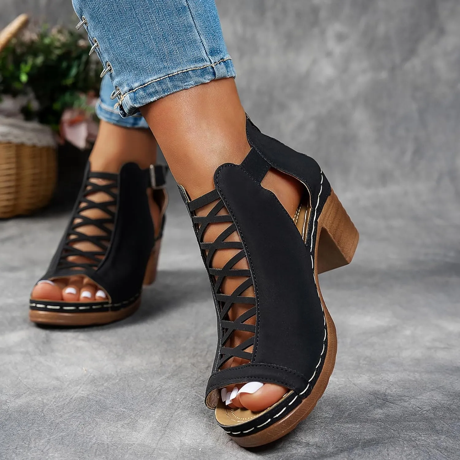 Shoes for Women Dressy, Womens Sandals Suede Peep Toe Ankle Booties Cut Out Stacked Block Heel Ankle Boots