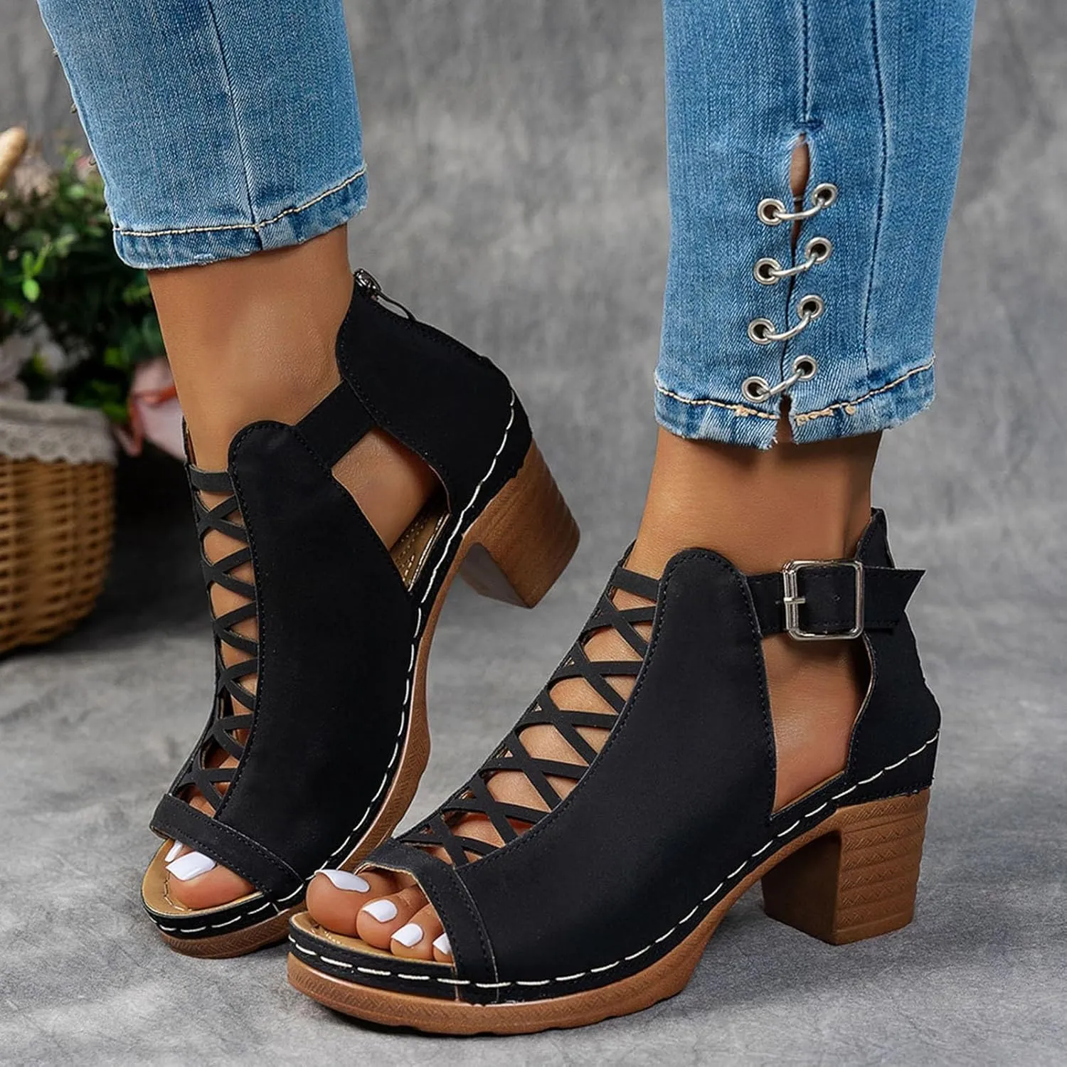 Shoes for Women Dressy, Womens Sandals Suede Peep Toe Ankle Booties Cut Out Stacked Block Heel Ankle Boots